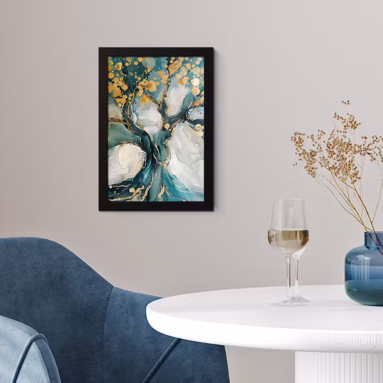 Boom - Modern - Verflook - Turquoise - Goud fotolijst zwart zonder passe partout klein -sfeer4