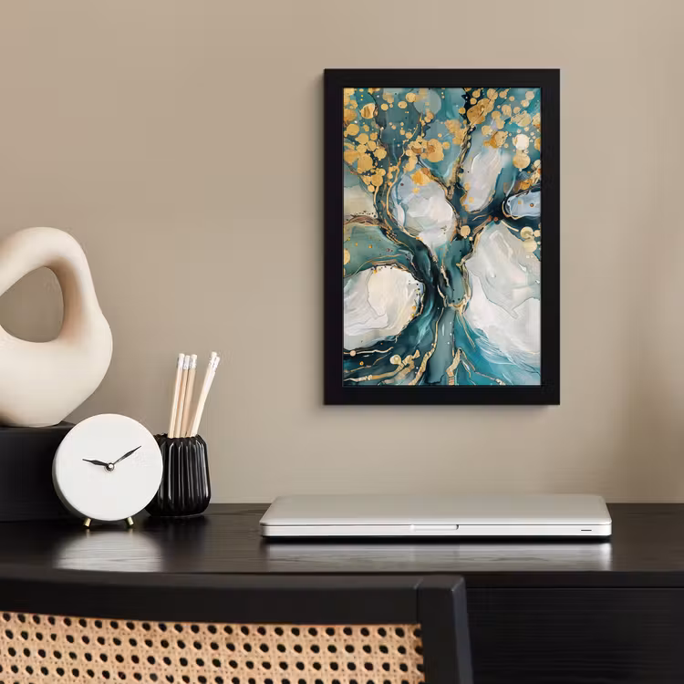 Boom - Modern - Verflook - Turquoise - Goud fotolijst zwart zonder passe partout klein -sfeer1