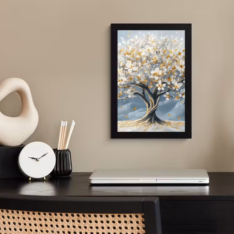Boom - Winter - Levensboom - Modern - Goud fotolijst zwart zonder passe partout klein -sfeer1