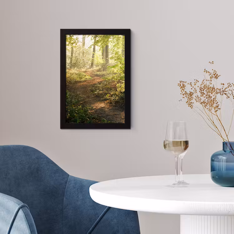 Bos - Bomen - Pad - Zon - Planten - Bladeren - Natuur fotolijst zwart zonder passe partout klein -sfeer4