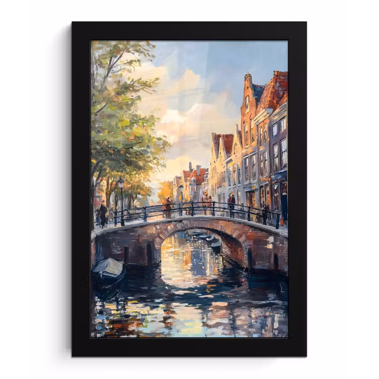 Brug - Stad - Huizen - Boot fotolijst zwart zonder passe partout klein -3d