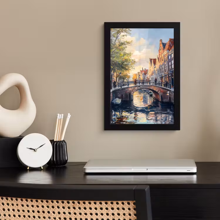 Brug - Stad - Huizen - Boot fotolijst zwart zonder passe partout klein -sfeer1