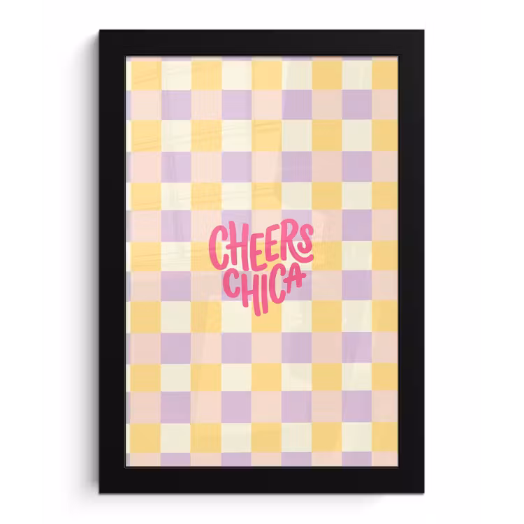 Cheers Chica - Ruitjes - Lila - Geel fotolijst zwart zonder passe partout klein -3d