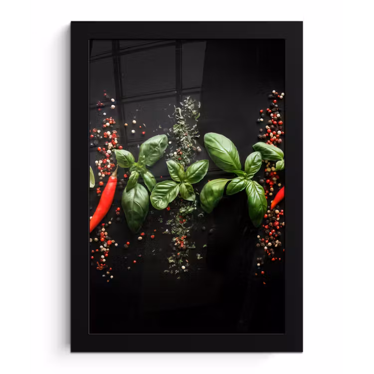 Chilipepers - Basilicum - Blaadjes - Rood fotolijst zwart zonder passe partout klein -3d