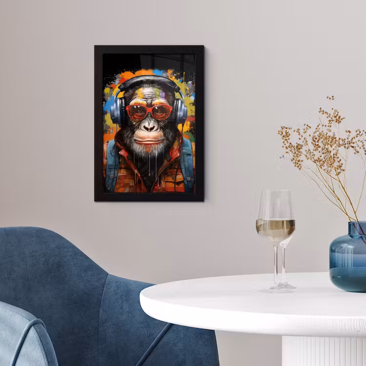 Chimpansee - Aap - dieren - Graffiti - Bril - Koptelefoon - Kleuren fotolijst zwart zonder passe partout klein -sfeer4