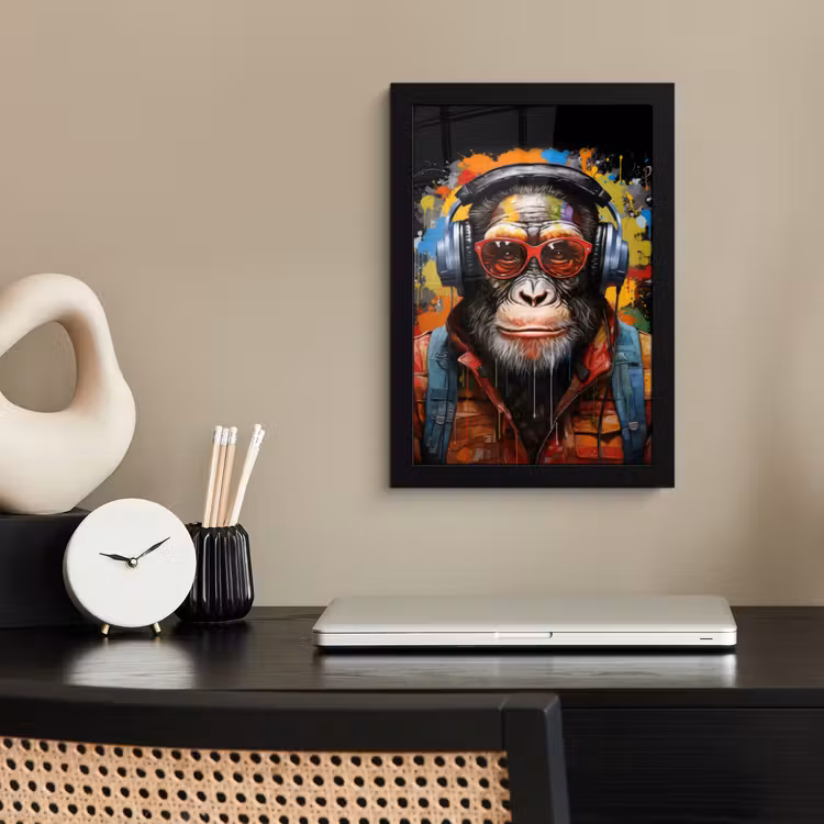 Chimpansee - Aap - dieren - Graffiti - Bril - Koptelefoon - Kleuren fotolijst zwart zonder passe partout klein -sfeer1