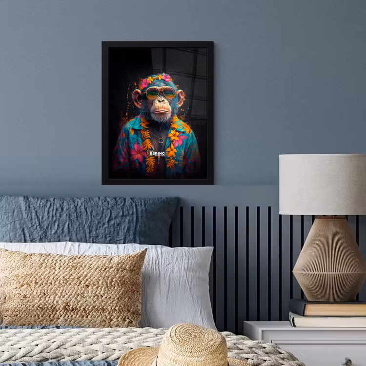 Chimpansee met Hawaii blouse fotolijst zwart zonder passe partout klein -sfeer3