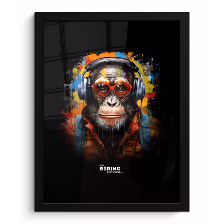 Chimpansee met koptelefoon en graffiti-spray fotolijst zwart zonder passe partout klein -3d