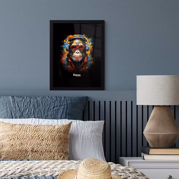 Chimpansee met koptelefoon en graffiti-spray fotolijst zwart zonder passe partout klein -sfeer3