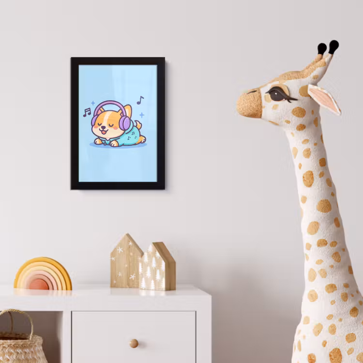 Corgi - Koptelefoon - Blauw - Muzieknoten fotolijst zwart zonder passe partout klein -usfeer4_kinderkamer