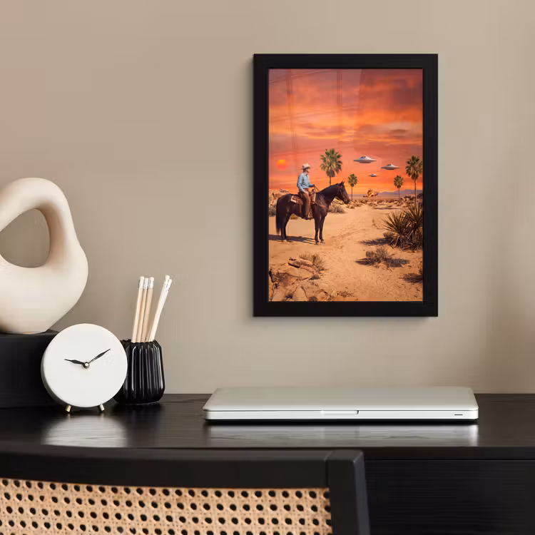 Poster met lijst - Cowboy - Paard - Woestijn - Cowboy - Paard - Woestijn fotolijst zwart zonder passe partout klein