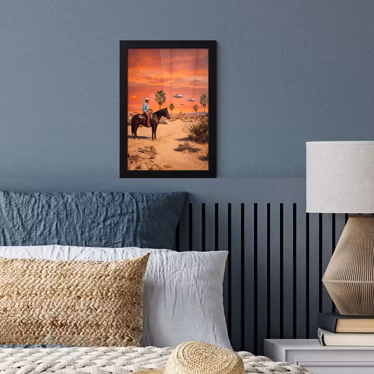 Poster met lijst - Cowboy - Paard - Woestijn - Cowboy - Paard - Woestijn fotolijst zwart zonder passe partout klein