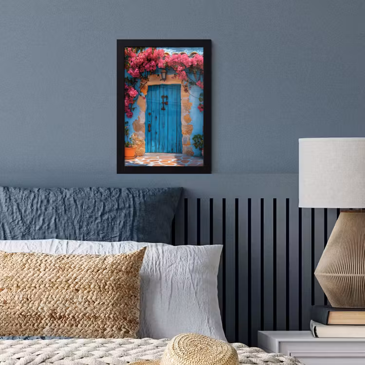 Deur - Hout - Bloemen - Blauw fotolijst zwart zonder passe partout klein -sfeer3