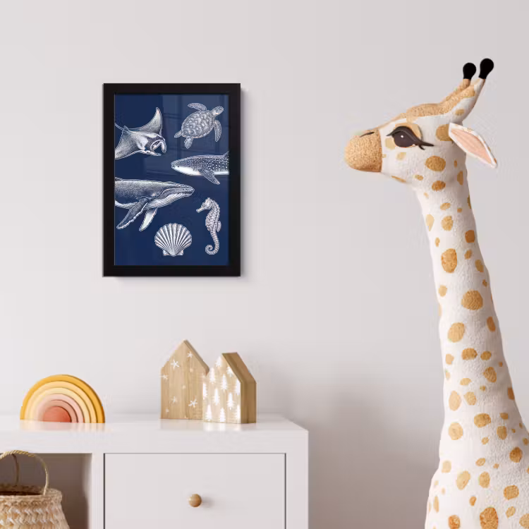 Dieren - Zeeleven - Oceaan - Graveren - Blauw fotolijst zwart zonder passe partout klein -usfeer4_kinderkamer