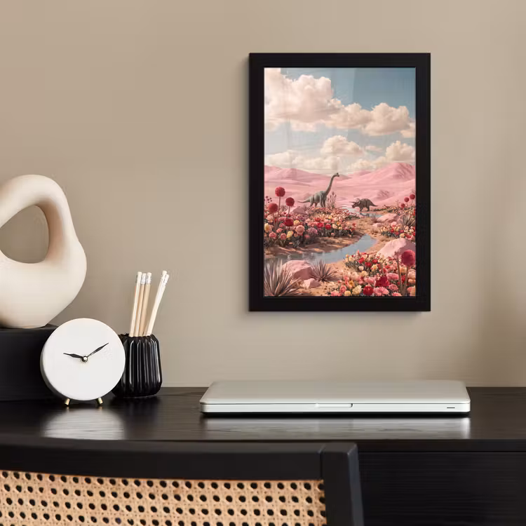 Poster met lijst - Dinosaurus - Roze - Landschap - Dinosaurus - Roze - Landschap fotolijst zwart zonder passe partout klein