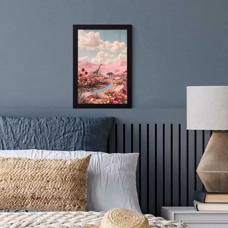 Poster met lijst - Dinosaurus - Roze - Landschap - Dinosaurus - Roze - Landschap fotolijst zwart zonder passe partout klein