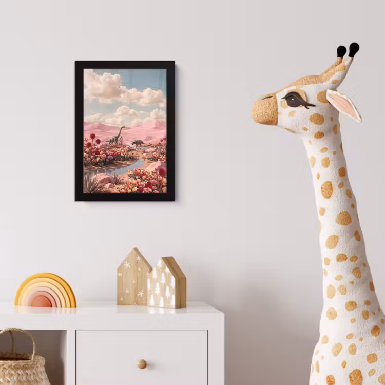 Poster met lijst - Dinosaurus - Roze - Landschap - Dinosaurus - Roze - Landschap fotolijst zwart zonder passe partout klein
