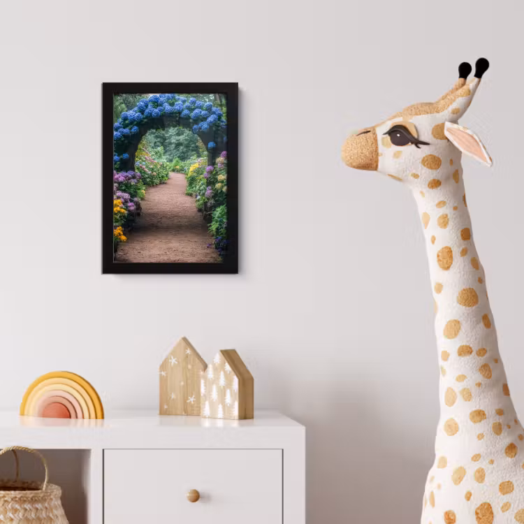 Doorkijk - Bloemen - Hortensia - Pad fotolijst zwart zonder passe partout klein -usfeer4_kinderkamer