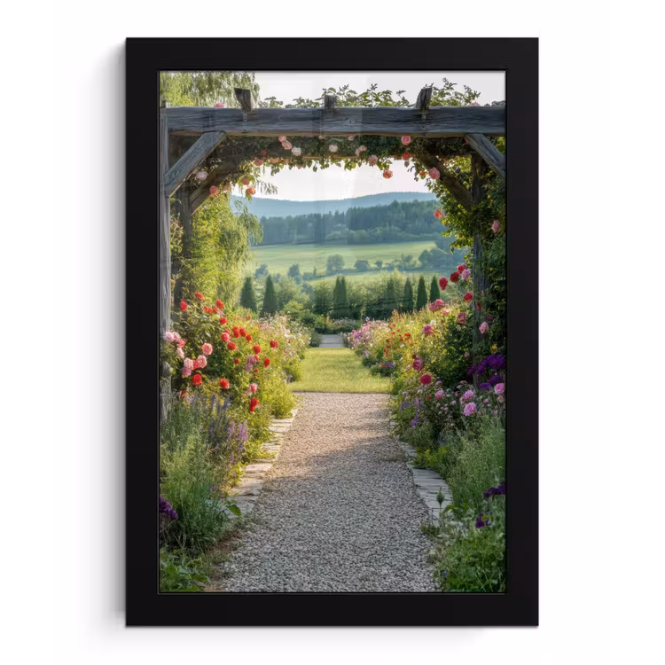 Doorkijk - Landschap - Natuur - Tuinboog - Bloemen fotolijst zwart zonder passe partout klein -3d