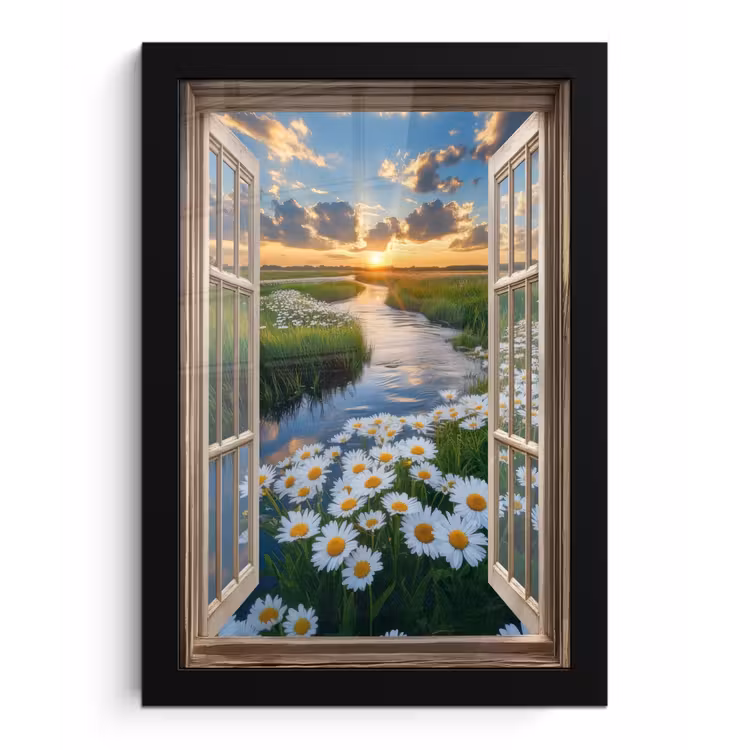 Doorkijk - Landschap - Raam - Water - Zonsondergang fotolijst zwart zonder passe partout klein -3d