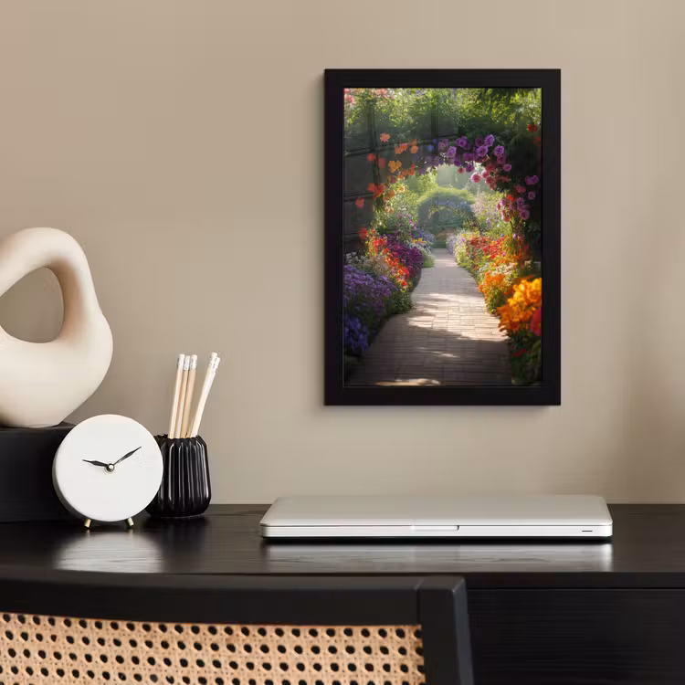 Doorkijk - Pad - Bloemen - Struik - Kleurrijk fotolijst zwart zonder passe partout klein -sfeer1