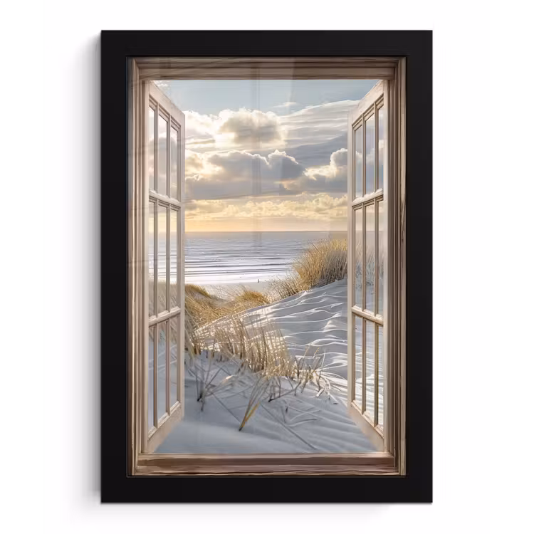 Doorkijk - Strand - Duinen - Zee - Natuur fotolijst zwart zonder passe partout klein -3d