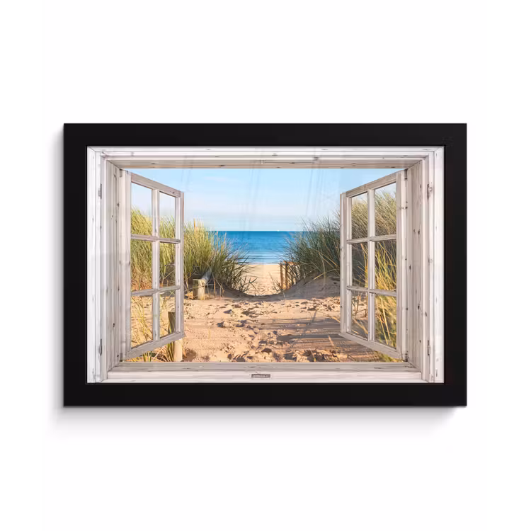 Doorkijk - Strand - Zee - Duinen - Zand - Water - Helmgras fotolijst zwart zonder passe partout klein -3d