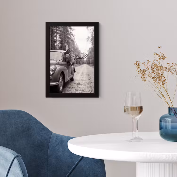 Eland - Auto - Gewei - Zwart - Wit fotolijst zwart zonder passe partout klein -sfeer4