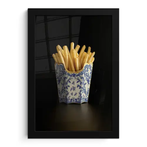 Friet - Porselein - Delfts blauw - Eten fotolijst zwart zonder passe partout klein -3d