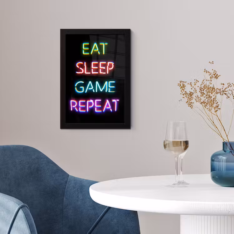 Gaming - Led - Quote - Eat sleep game repeat - Gamen fotolijst zwart zonder passe partout klein -sfeer4