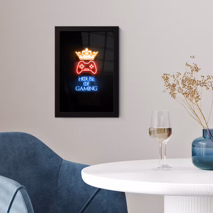 Gaming quotes - Neon - House of gaming - Kroon - Tekst fotolijst zwart zonder passe partout klein -sfeer4