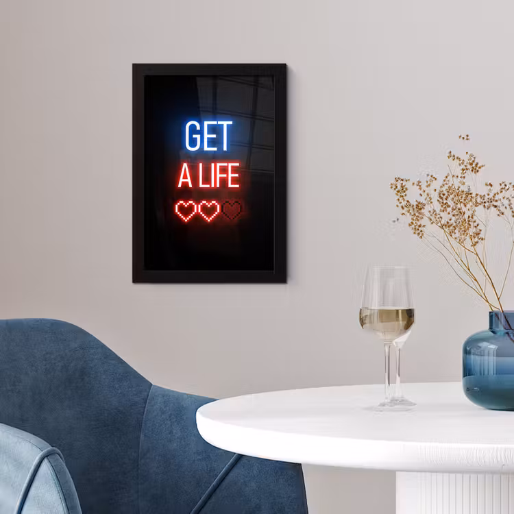 Gaming - Tekst - Get a life - Neon - Zwart fotolijst zwart zonder passe partout klein -sfeer4