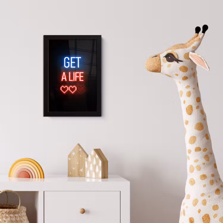 Gaming - Tekst - Get a life - Neon - Zwart fotolijst zwart zonder passe partout klein -usfeer4_kinderkamer