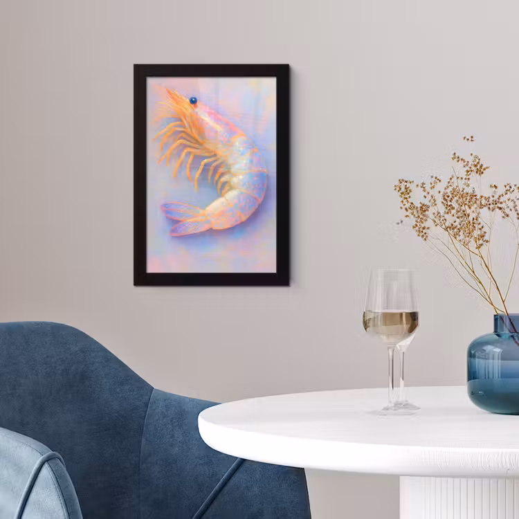 Garnaal - Subtiele structuur - Blauw - Roze fotolijst zwart zonder passe partout klein -sfeer4