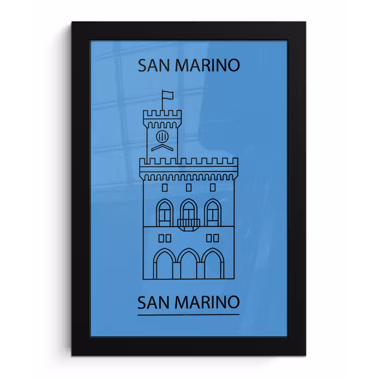 Gebouw - San Marino - Architectuur - Lijntekening - Blauw fotolijst zwart zonder passe partout klein -3d