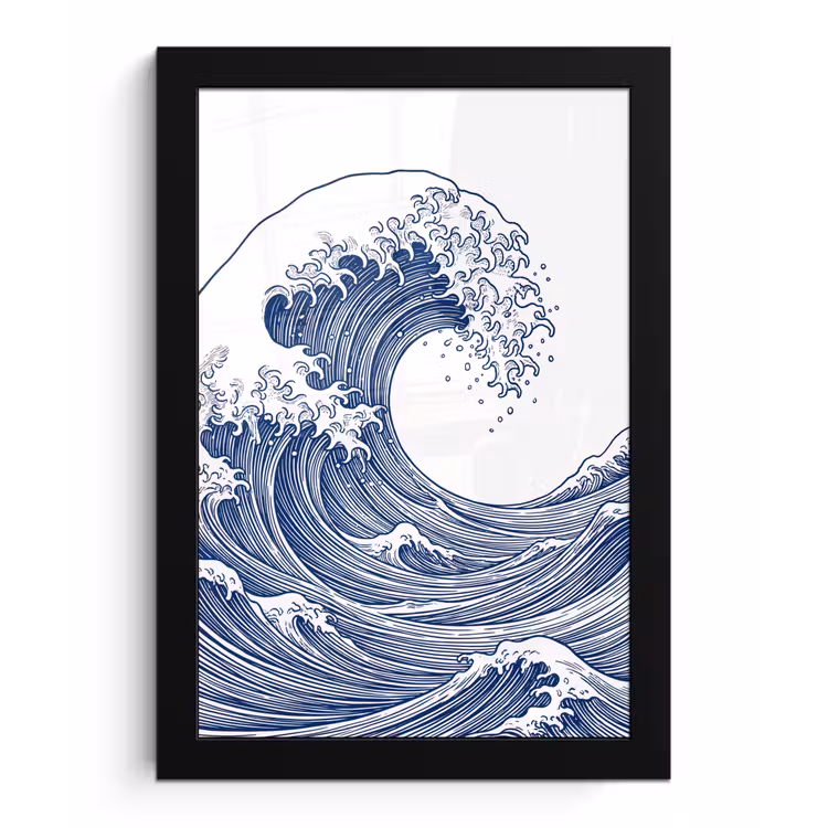 Golf - Japans - Zee - Illustratie - Blauw fotolijst zwart zonder passe partout klein -3d