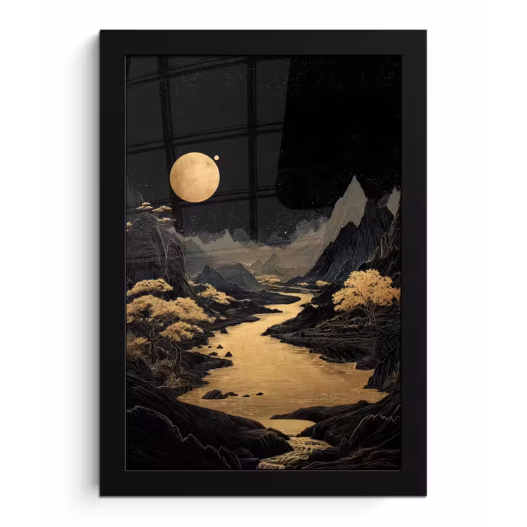 Gouden rivier - Bergen - Maan - Sterrenhemel fotolijst zwart zonder passe partout klein -3d