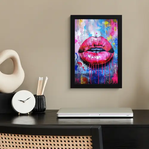 Graffiti - Lippen - Felroze - Geschilderd fotolijst zwart zonder passe partout klein -sfeer1