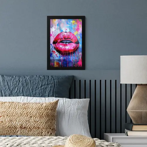Graffiti - Lippen - Felroze - Geschilderd fotolijst zwart zonder passe partout klein -sfeer3
