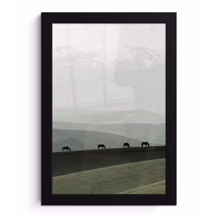Grijs - Berg - Paarden fotolijst zwart zonder passe partout klein -3d