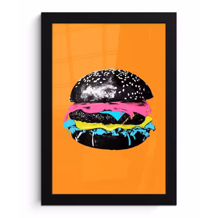 Hamburger - Oranje - Neon - popart fotolijst zwart zonder passe partout klein -3d