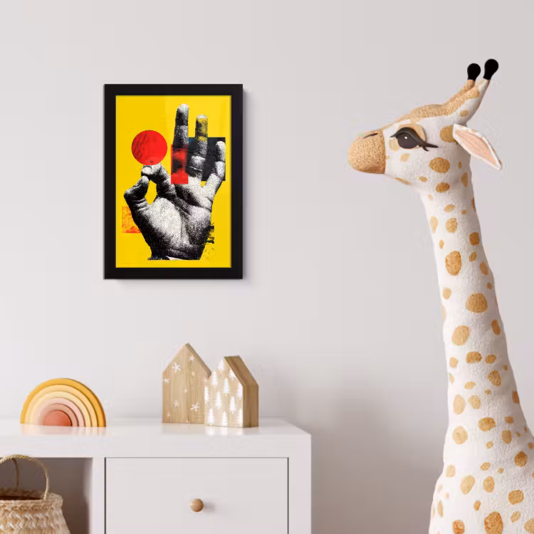 Hand - Rode cirkel - Geel fotolijst zwart zonder passe partout klein -usfeer4_kinderkamer