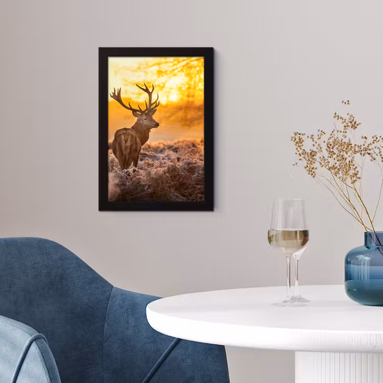 Hert - Dieren - Zonsondergang - Winter - Heide - Natuur fotolijst zwart zonder passe partout klein -sfeer4