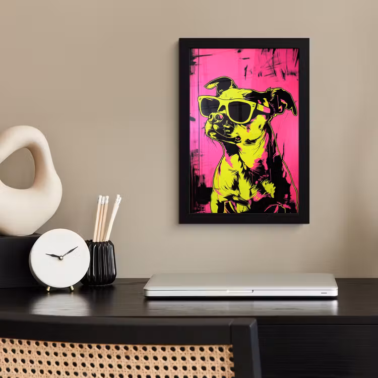 Hond - Zonnebril - Roze - Art fotolijst zwart zonder passe partout klein -sfeer1