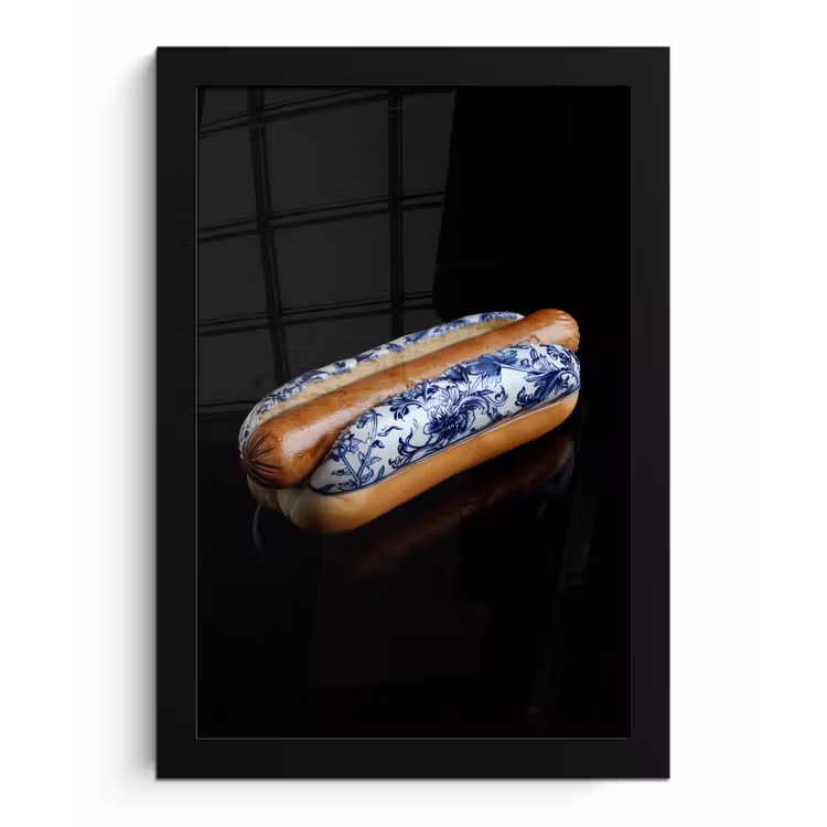 Hotdog - Porselein - Delfts blauw - Eten fotolijst zwart zonder passe partout klein -3d