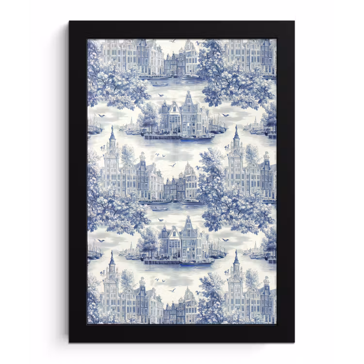 Huizen - Bomen - Water - Vogels - Blauw fotolijst zwart zonder passe partout klein 224 -3d