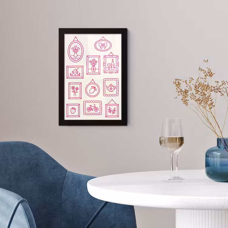 Illustratie - Collectie - Kunst - Minimalistisch - Roze fotolijst zwart zonder passe partout klein -sfeer4