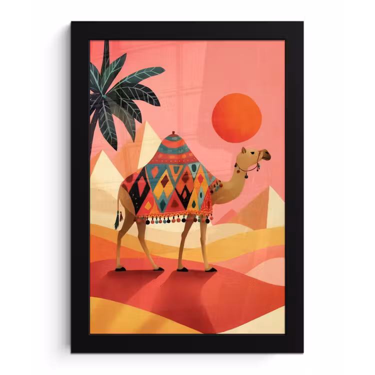 Kameel - Pyramides - Rode zon fotolijst zwart zonder passe partout klein -3d