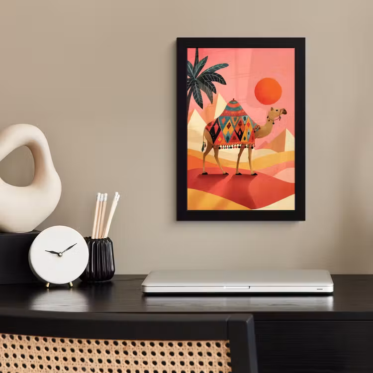 Kameel - Pyramides - Rode zon fotolijst zwart zonder passe partout klein -sfeer1