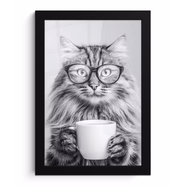 Kat - Bril - Mok - Pluizig fotolijst zwart zonder passe partout klein -3d